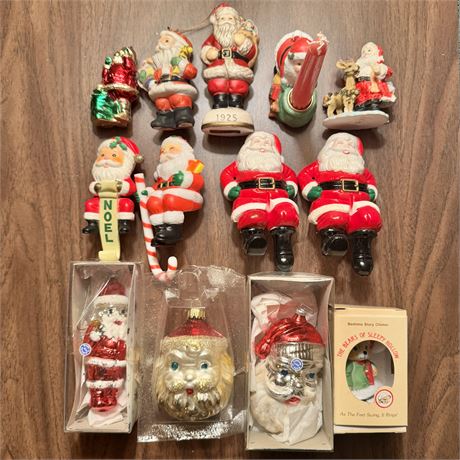 Lot w/ Vintage Santa Shelf-Sitters, W. Germany Glass Ornaments, Etc.