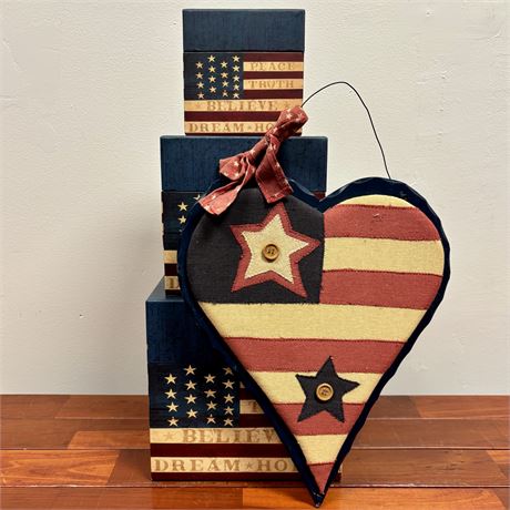 Patriotic Stars and Stripes Nesting Boxes and Wooden Wall Decor