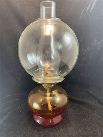 Vintage MCM Eagle Amberina Glass Kerosine Oil Wick Lamp With Globe