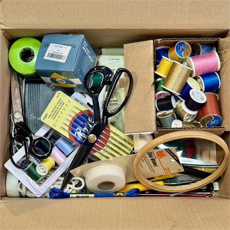 Box Filled with Sewing Notions & Supplies - Thread, Scissors and More