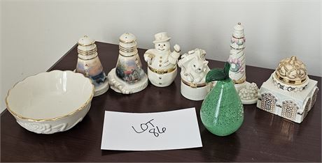 Lenox Mixed Lot- Salt & Pepper Shakers, Trinket Boxes, Glass Pear Paper Weight &