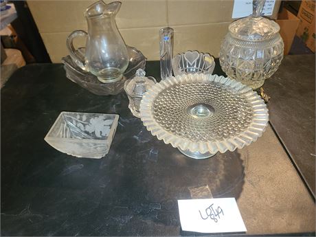 Mixed Clear Glass Lot Footed Hobnail Cakeplate, Frosted Salad Bowl,& More