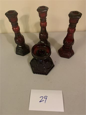 Avon Cape Cod Ruby Red Decorative Glass Candlestick Candleholder Lot Of 4