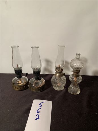 2 Glass & Metal Oil Lamps & 2 Small Clear Glass Hobnail Pattern Oil Lamps