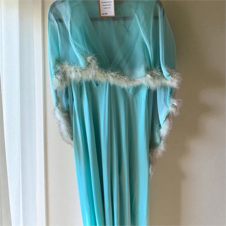 Teal Zip Back Sleeveless Sheer Polyester Nightgown & Marabou Trim Shawl Robe
