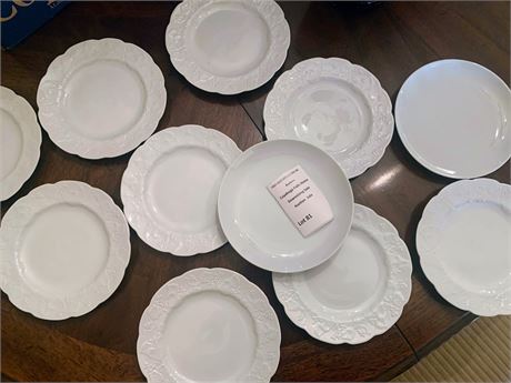 9 White Ivy Pattern Ceramic Plates W/Grapevine Design By Dansk & 2 Plain Plates