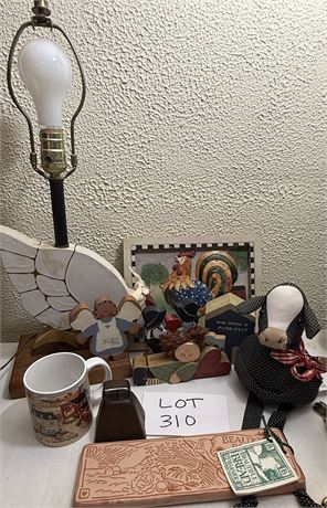 Vintage Chicken Lamp, Antique Cow Bell, Chicken Wall Art & More