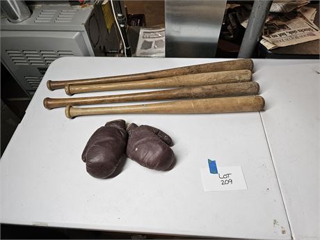 Vintage Mixed Sporting Goods:Wood Bats /J.C.Higgins Boxing Gloves/Wood Box+More