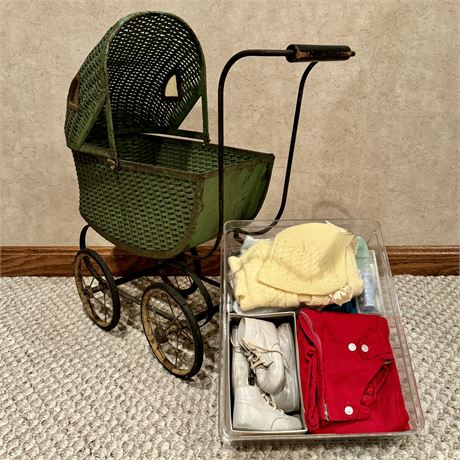 Antique Doll Carriage and Vintage Baby Clothes and Shoes