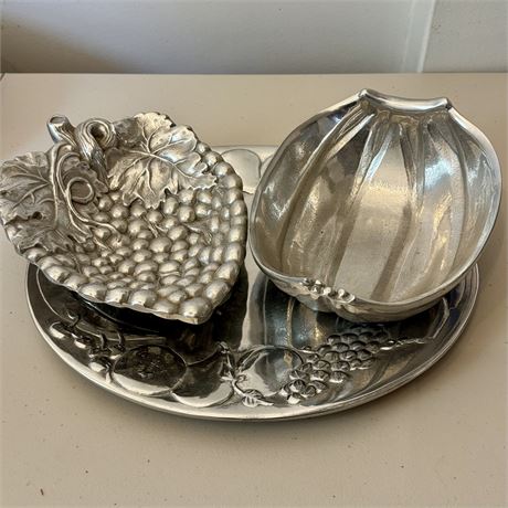 Vintage WILTON Pewter Fruit Motif Platter, Dish & Bowl