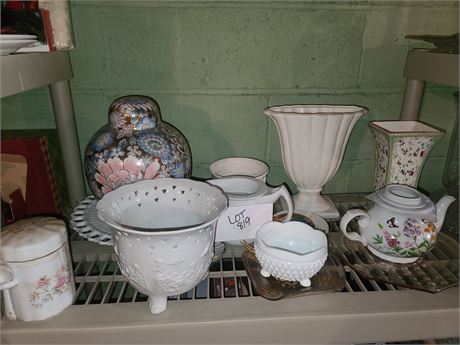 Milk Glass Cake Tray, Anthe Ashtray, Laura Ashley Vase, Pink Depression Platter