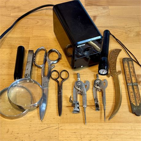 Vintage Lot - Mixed Office/Household w/ Mini Maglite, Pencil Sharpener and More