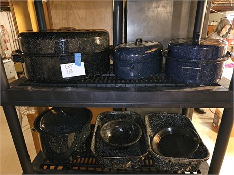 Nice Lot of Black & Blue Enamelware: Large & Small Roasters/Large Pot/Strainer