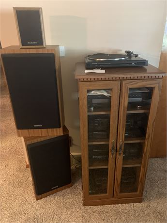 Kenwood Stereo Rack System JVC 5 Disk Player Speakers and Cabinet