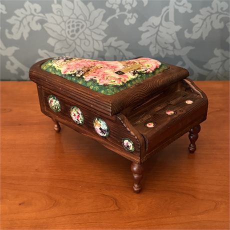 Antique Piano Shaped Wood and Ceramic Music Box