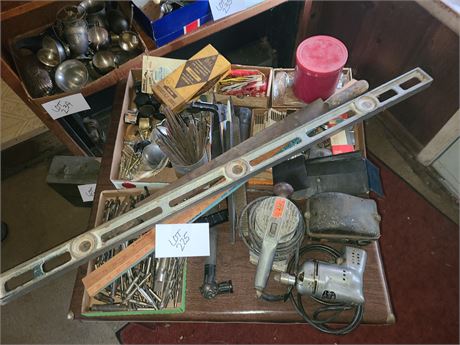 Table Full of Mixed Tools-Exact Level/Pet Sander/Drill Bits/Files/Tape Measures