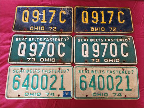 Pairs of 1972, 1973, 1974 Ohio license Plates