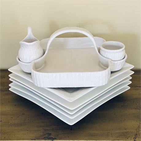 Ceramic Serving Caddy and Square White Dinner Plates