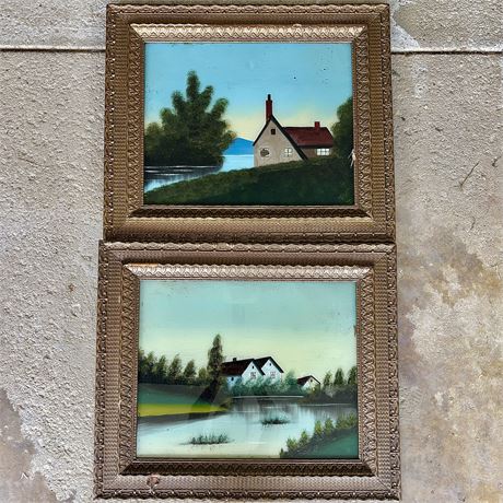 Antique Reverse Paintings in Ornate Wood Frames - 27 x 23"