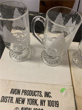 Avon Presidents Club Holiday Glass Pedestal Mugs Etched With Sleigh Ride Theme