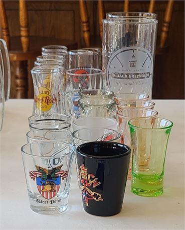 Mixed Shot Glass Lot: Hard Rock / Souvenir Shot Glasses & More