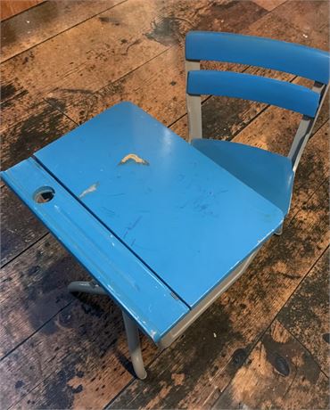 Vintage Kid's Blue Metal & Wood School Desk W/Matching Blue Chair
