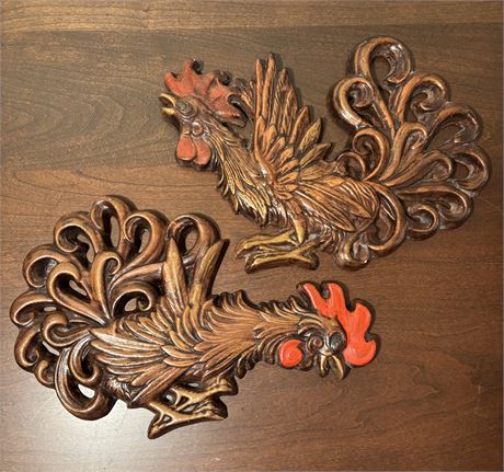 Pair of Ceramic Rooster Wall Plaques - 9.25"H