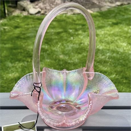 Vintage Fenton Rosalene Iridescent Art Glass Basket, Rare - 9 x 8"