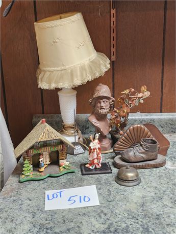 Home Decor:Antique Desk Bell/Bronze Baby Shoe Bookends/Lamp/German Thermometer