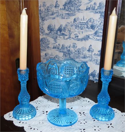 Blue Hobnail Candle Stick Holders, McKee Blue Glass Compote Bowl