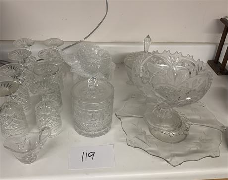 Cut Glass/Crystal Lot - Goblets, Gravy Boat, Candy Dish, Pedestal Fruit Bowl