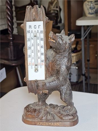 MCM Wood Carved Bear Swiss Made Thermometer