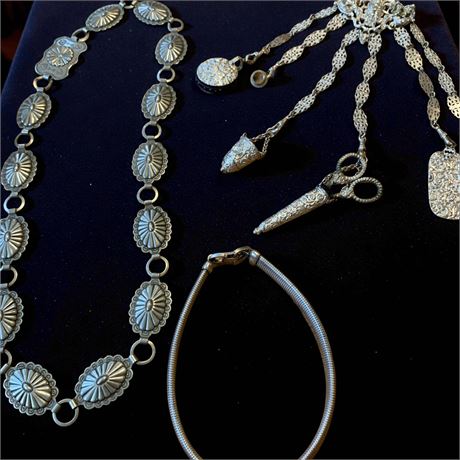Metal Omega Snake Chain Necklace, Metal Chatelaine W/Sewing/Craft Related Charms