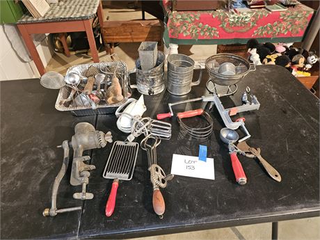 Vintage Mixed Kitchen Utensils:Sifters/Scoops/Universal Grinder & More