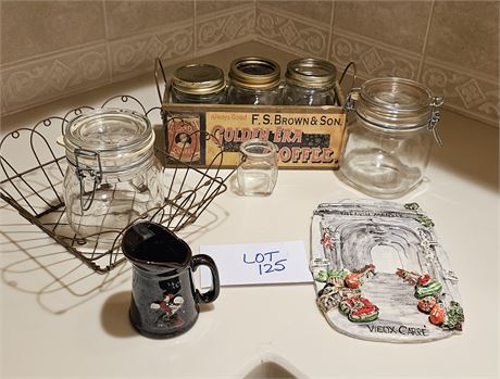 Mixed Canning Jars, Wire Basket, Coffee Tote & More