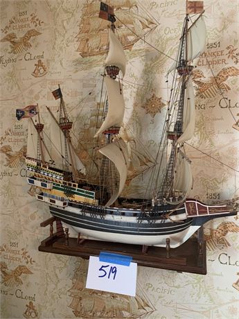 Wooden Model Pirate Ship On Wood Shelf 26" L x 6.5" W x 24 H