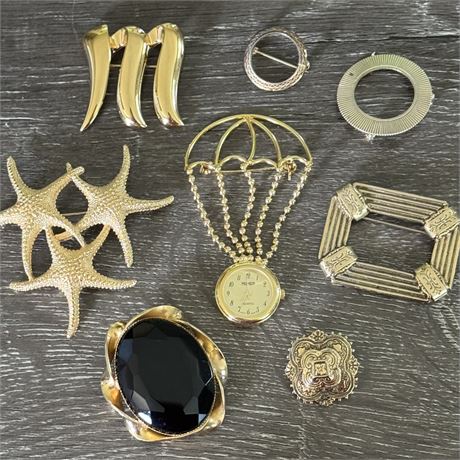 Collection of Vintage Gold-Tone Brooches - Monet, Faceted Glass, GF, and More