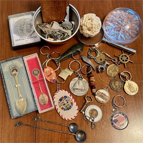Smalls and Collectibles Lot - Keychains, Keys, Spoons, Paperweight and More
