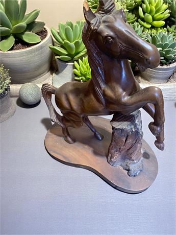Wood Horse Statuary Featuring Rearing Design