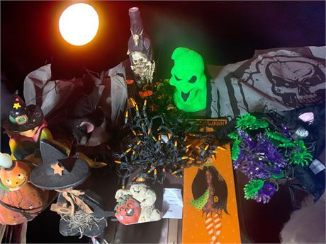 Halloween Decoration Lot - Spider Garland, Light Up Witch, Skulls, Orange Lights