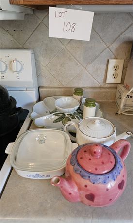 Mixed Kitchen Lot- Teapots, Corningware & More