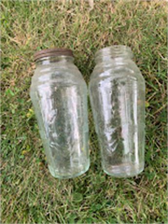 Clear Glass Embossed Bottles (One With Metal Lid) Set Of Two