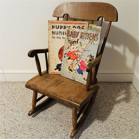 Antique Picture Books and Child Sized Wooden Rocking Chair