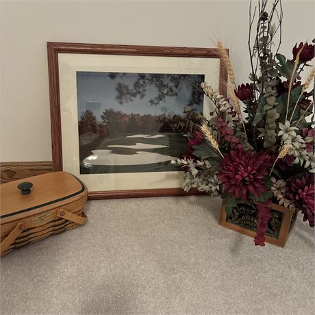 Coordinated Decor with Longaberger Basket, Framed Golf Photo and Faux Florals