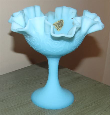 Vintage Fenton Blue Ruffled Satin Glass Footed Compote