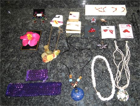 Assorted Costume Jewelry: Necklace, Pins