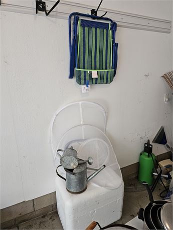 Blue-Green Mesh Folding Chair/Cooler/Galvanized Watering Cans & More