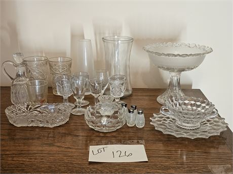 Mixed Clear Glass Lot:Americana/Press Glass Footed Fruit Bowl/Anchor Hocking