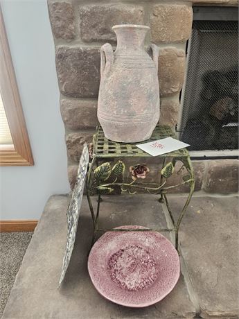 Mixed Decor Lot- Metal Painted Plant Stand, Pastel Amphora Style Vase & Rale Pot