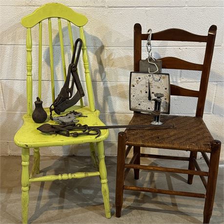 Chairs, Old Scales, Speedo Jar Opener - Small Basement Cleanout Lot